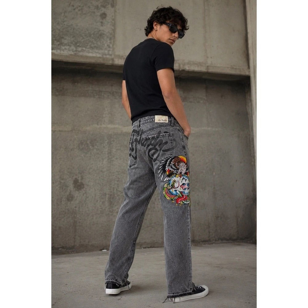 Ed Hardy Battle Skull Mens Grey Acid Wash Embroidered Eagle Straight Leg 30 NEW